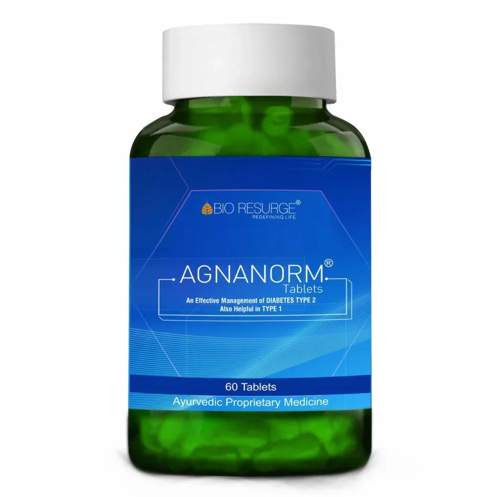 Agnanorm Ayurvedic proprietary medicine bottle with 60 tablets for diabetes type 1 and type 2 management