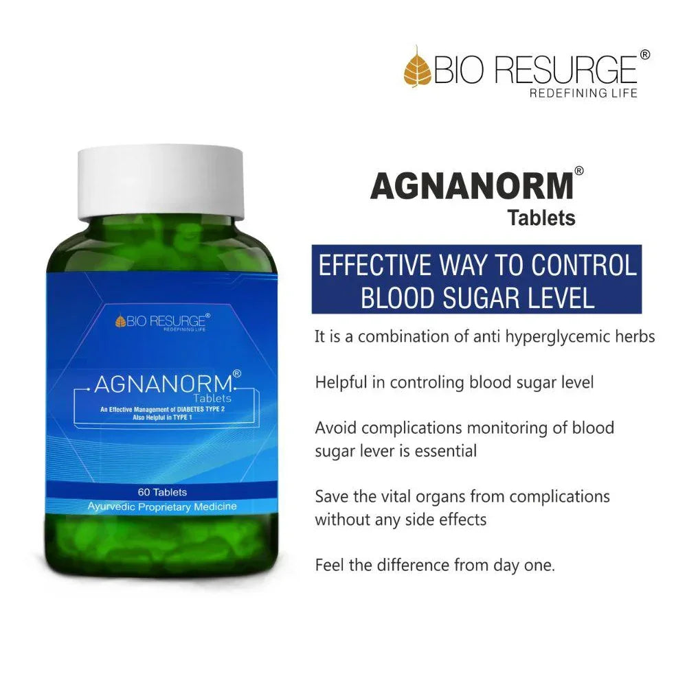 Agnanorm tablets bottle by Bio Resurge, Ayurvedic medicine to control blood sugar levels