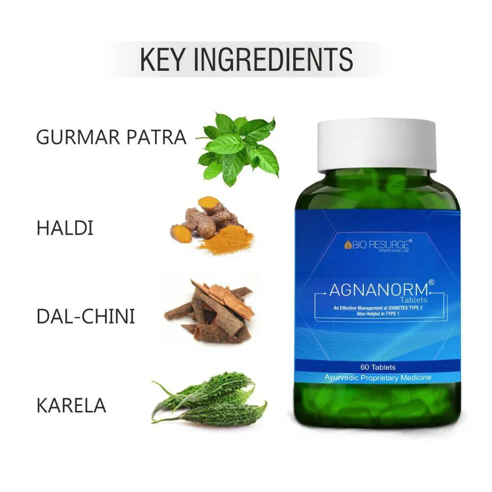 Agnanorm Ayurvedic tablets bottle with key ingredients Gurmar Patra, Haldi, Dal-Chini, and Karela for diabetes management