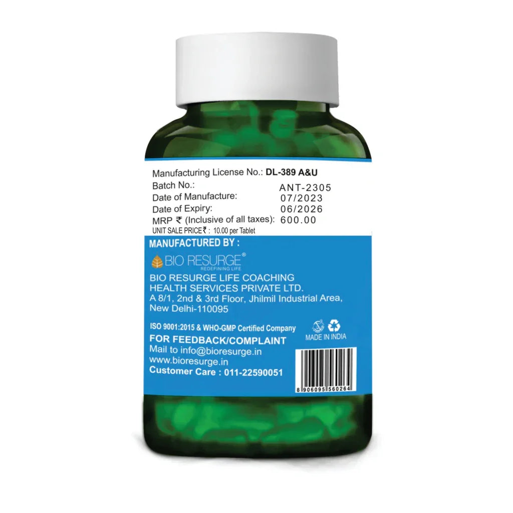Green supplement bottle with white cap, detailed label from Bio Resurge Life Coaching Health Services, New Delhi