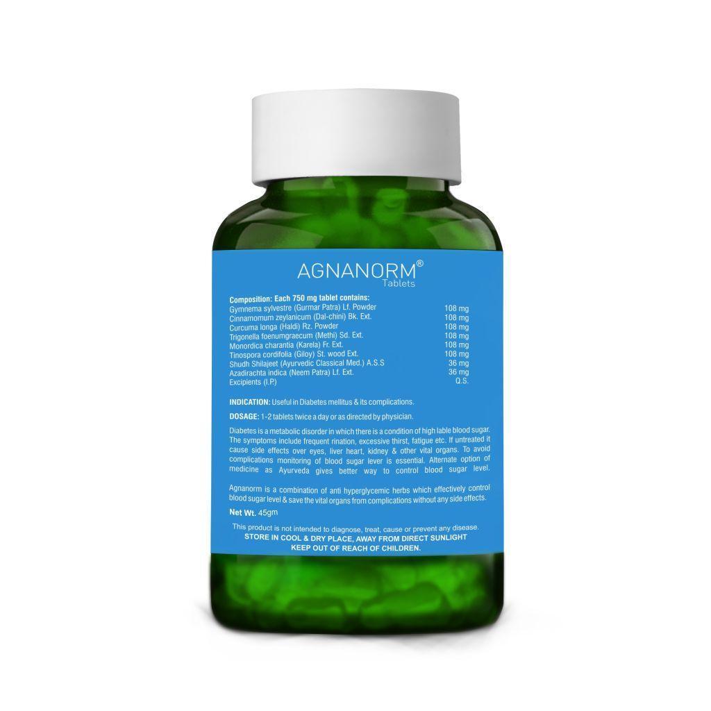 Green bottle of Agnanorm tablets with blue label detailing ingredients and diabetes use